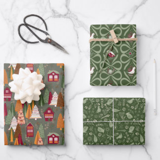 Green Christmas Forest Village Birds Houses ラッピングペーパーシート