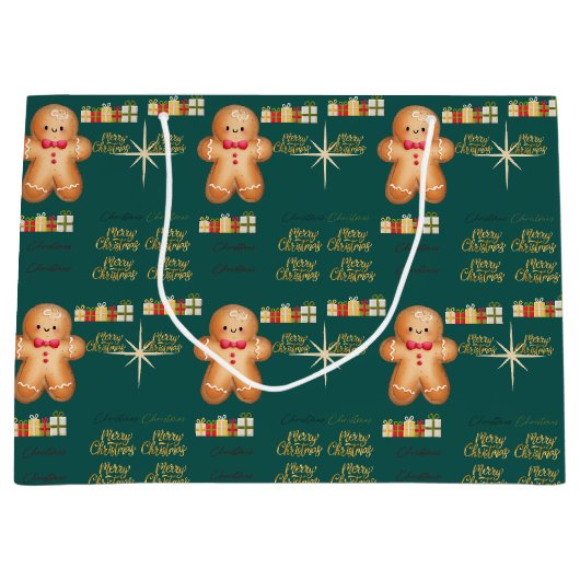 Green Christmas  happy day and Christmas stocking ラージペーパーバッグ (正面)