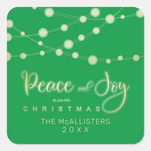 Green Christmas Lights Peace Joy Whimsical Script スクエアシール (正面)