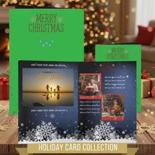 Green Christmas Multi Photo New Year Card カード
