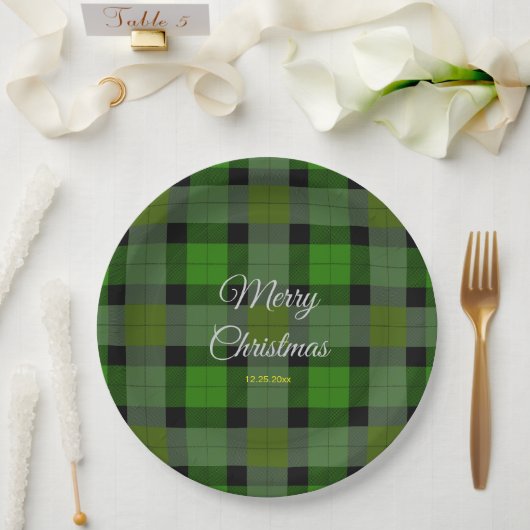Green Christmas Plaid Pattern ペーパープレート (ウェディング)