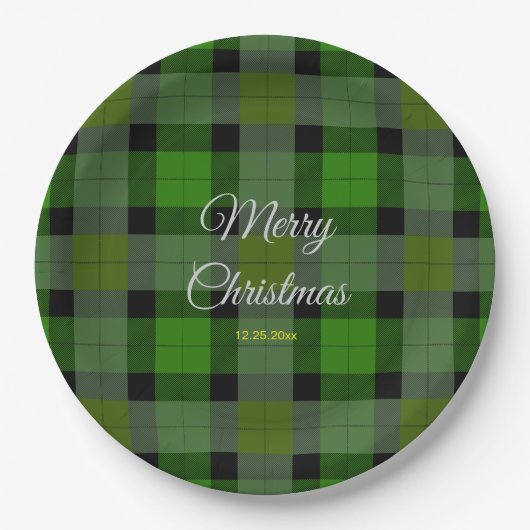 Green Christmas Plaid Pattern ペーパープレート (正面)