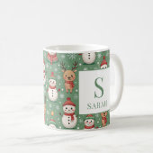 Green Christmas Snowman & Reindeer Monogram Name コーヒーマグカップ (正面右)