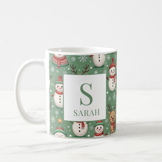 Green Christmas Snowman & Reindeer Monogram Name コーヒーマグカップ (左)