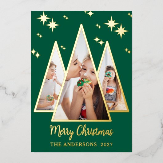Green Christmas Tree Bold Gold Holiday Photo Card 箔シーズンカード (正面)