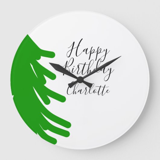 Green Christmas tree happy birthday December winte ラージ壁時計 (正面)