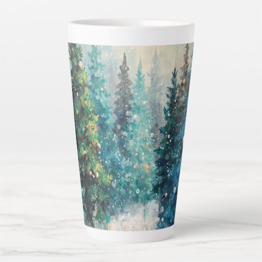 Green Christmas Trees Winter Forest カフェラテマグ (正面)