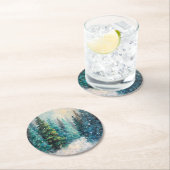 Green Christmas Trees Winter Forest ラウンドペーパーコースター (インサイチュ)