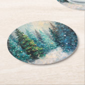 Green Christmas Trees Winter Forest ラウンドペーパーコースター (アングル)
