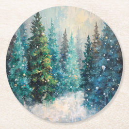 Green Christmas Trees Winter Forest ラウンドペーパーコースター