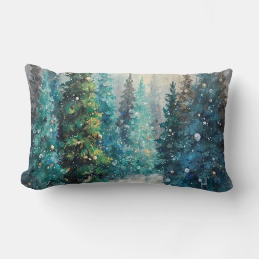 Green Christmas Trees Winter Forest ランバークッション (正面)