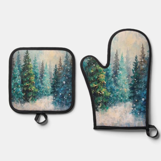 Green Christmas Trees Winter Forest 鍋つかみ&鍋敷きセット (正面)