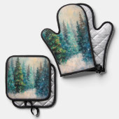 Green Christmas Trees Winter Forest 鍋つかみ&鍋敷きセット (正面/裏面)