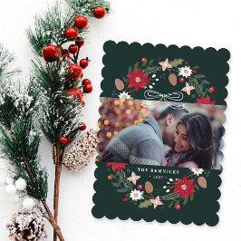 Green Christmas Wreath Floral Holiday Photo Card 招待状