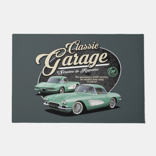 Green Classic Car Garage ドアマット (正面)