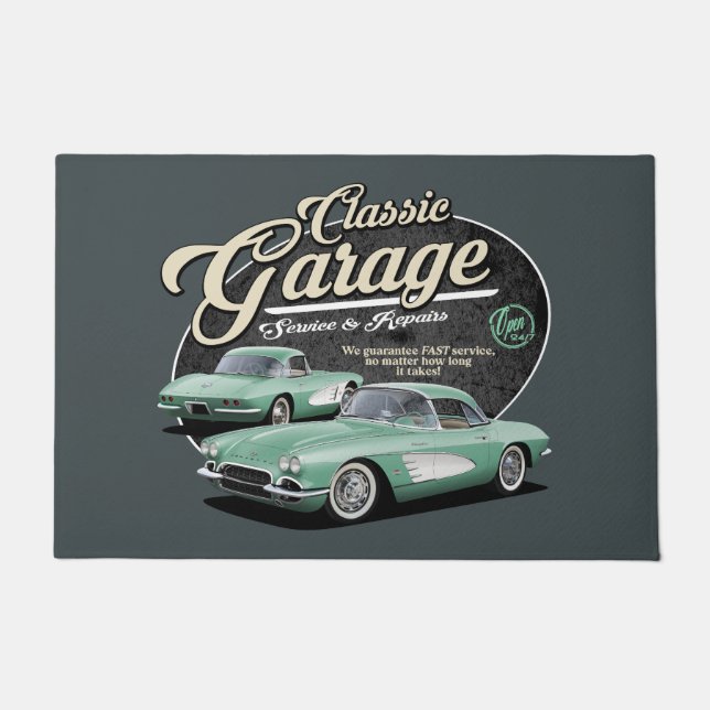 Green Classic Car Garage ドアマット (正面)