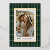 Green Classic Christmas Plaid Photo 箔シーズンカード (正面)