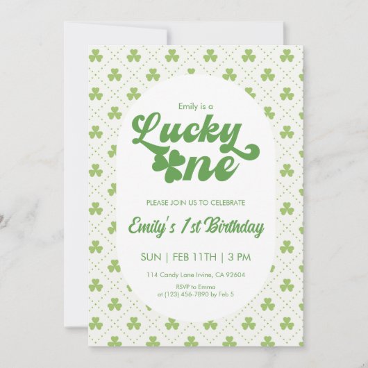 Green Clover Lucky One First Birthday 招待状 (正面)