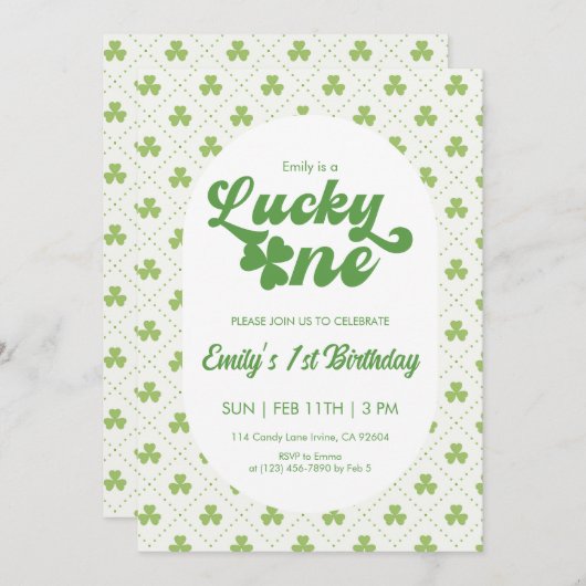 Green Clover Lucky One First Birthday 招待状 (正面/裏面)