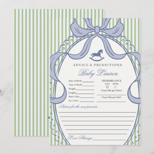 Green Coquette Bow Rocking Horse Baby Advice Card 招待状 (正面/裏面)