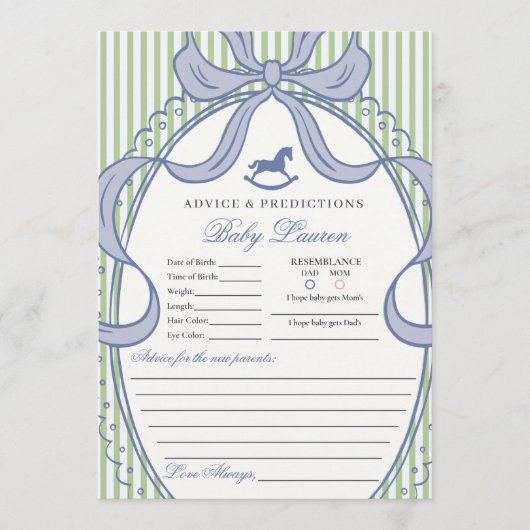 Green Coquette Bow Rocking Horse Baby Advice Card 招待状 (正面)