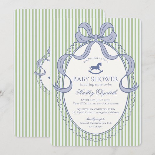 Green Coquette Bow Rocking Horse Baby Shower 招待状 (正面/裏面)