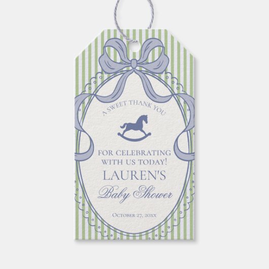 Green Coquette Bow Rocking Horse Baby Shower Favor ギフトタグ (正面)