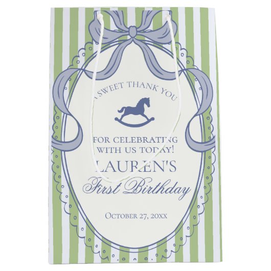 Green Coquette Bow Rocking Horse Birthday Favors ミディアムペーパーバッグ (正面)