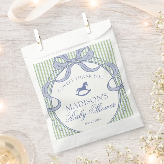 Green Coquette Rocking Horse Baby Shower Dessert フェイバーバッグ (クリップ留めされた状態)