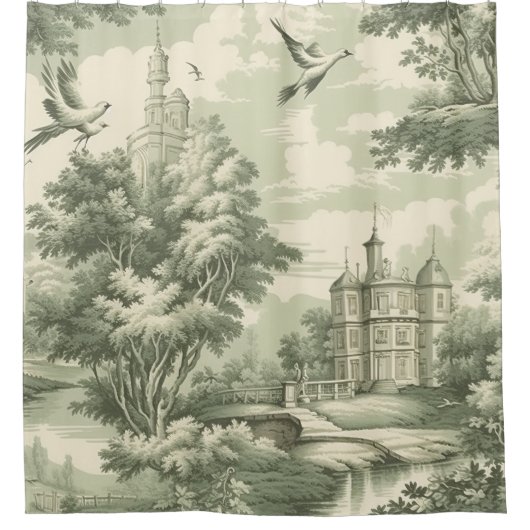 Green Countryside Hot Air Balloon Toile (7) シャワーカーテン (正面)
