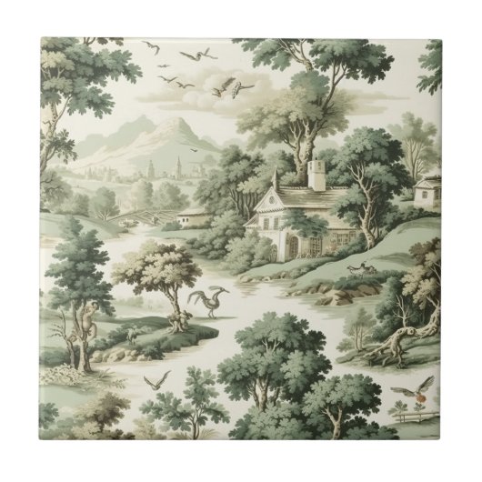 Green Countryside Hot Air Balloon Toile (8) タイル (正面)