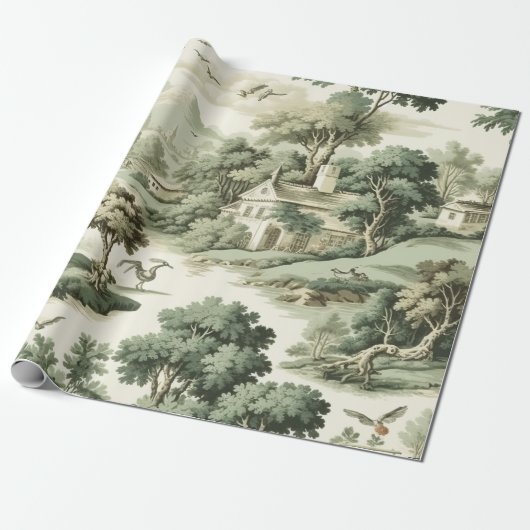 Green Countryside Hot Air Balloon Toile (8) ラッピングペーパー (アンロールド)