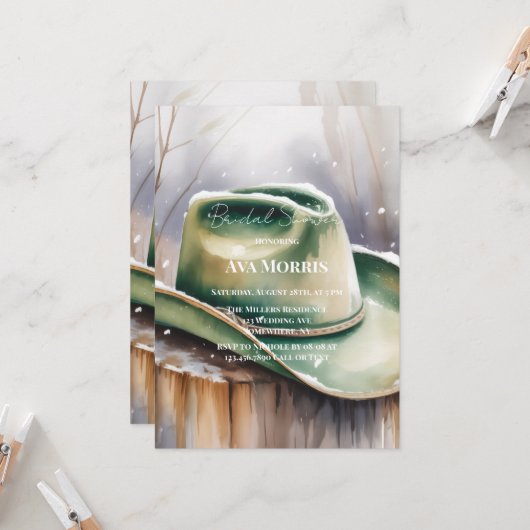 Green Cowboy Hat in Snow Bridal Shower 招待状 (正面/裏面インサイチュ)