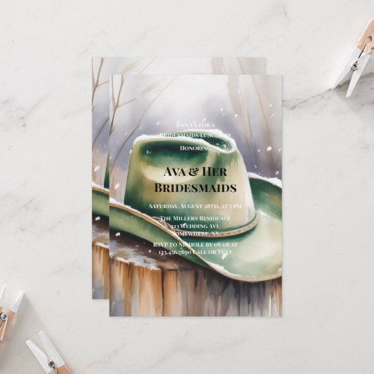 Green Cowboy Hat in Snow Bridesmaids Luncheon  招待状 (正面/裏面インサイチュ)