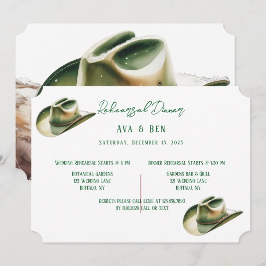 Green Cowboy Hat in Snow Rehearsal Dinner  招待状 (正面/裏面)