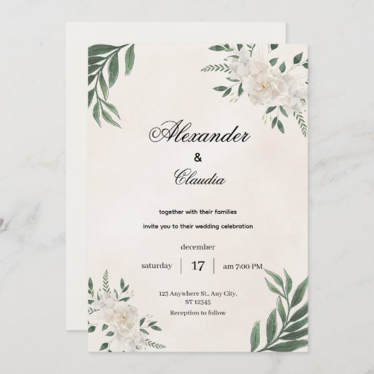 Green & Cream Botanical Wedding, 招待状 (正面/裏面)