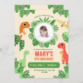 Green Cream Photo Cute Dinosaurs 5th birthday  招待状 (正面/裏面)