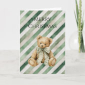 Green Cream Stripes Teddy Bear Christmas カード (正面)