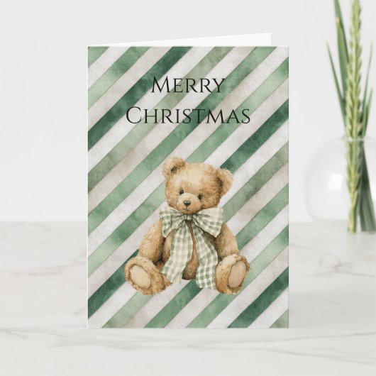 Green Cream Stripes Teddy Bear Christmas カード (正面)