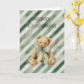 Green Cream Stripes Teddy Bear Christmas カード (黄色い花)