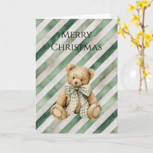 Green Cream Stripes Teddy Bear Christmas カード (黄色い花)