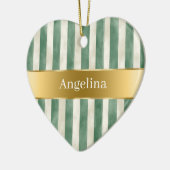 Green Cream White Stripes Gold Ribbon Christmas セラミックオーナメント (左)