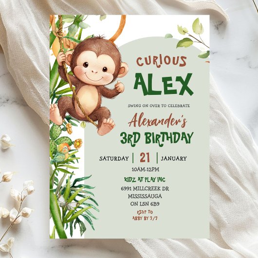 Green Curious Monkey Safari Theme Birthday 招待状
