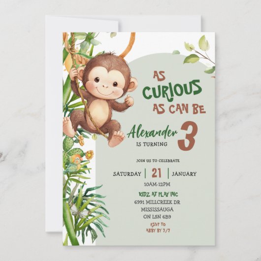 Green Curious Monkey Savannah Theme Birthday 招待状 (正面)