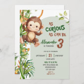 Green Curious Monkey Savannah Theme Birthday 招待状 (正面/裏面)