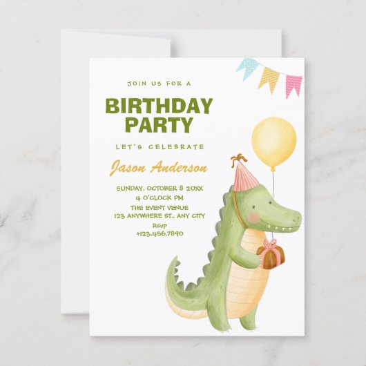 Green cute crocodile birthday 招待状 (正面)