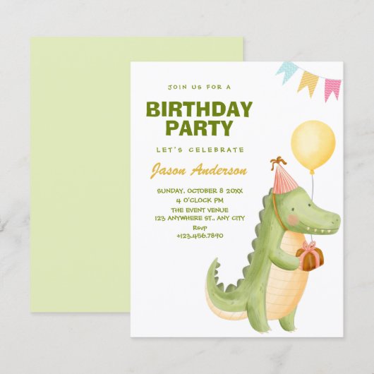 Green cute crocodile birthday 招待状 (正面/裏面)