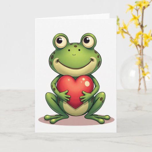 Green Cute Frog Heart Card カード (黄色い花)