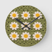 Green Daisy Granny Square Crochet Pattern Floral ラウンド壁時計 (正面)