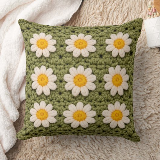 Green Daisy Granny Square Crochet Pattern Floral R クッション (ブランケット)